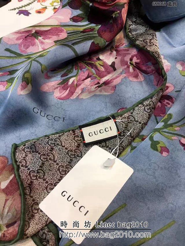 GUCCI古馳經典款 天竺葵雙層雙面印花蠶絲長圍巾 688068 LLWJ6505